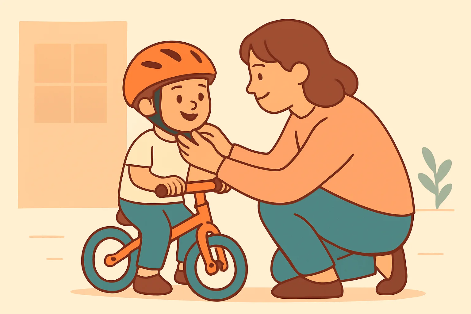 A parent buckling a bike helmet on a preschooler sitting on a balance bike