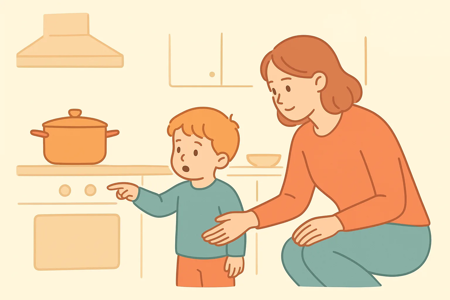 A preschooler pointing at a pot handle on the stove during a home hazard hunt with their parent