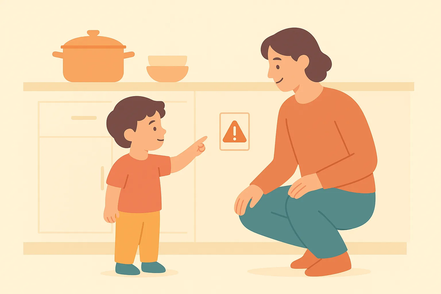 A preschooler pointing at a safety label on a cabinet while their parent watches