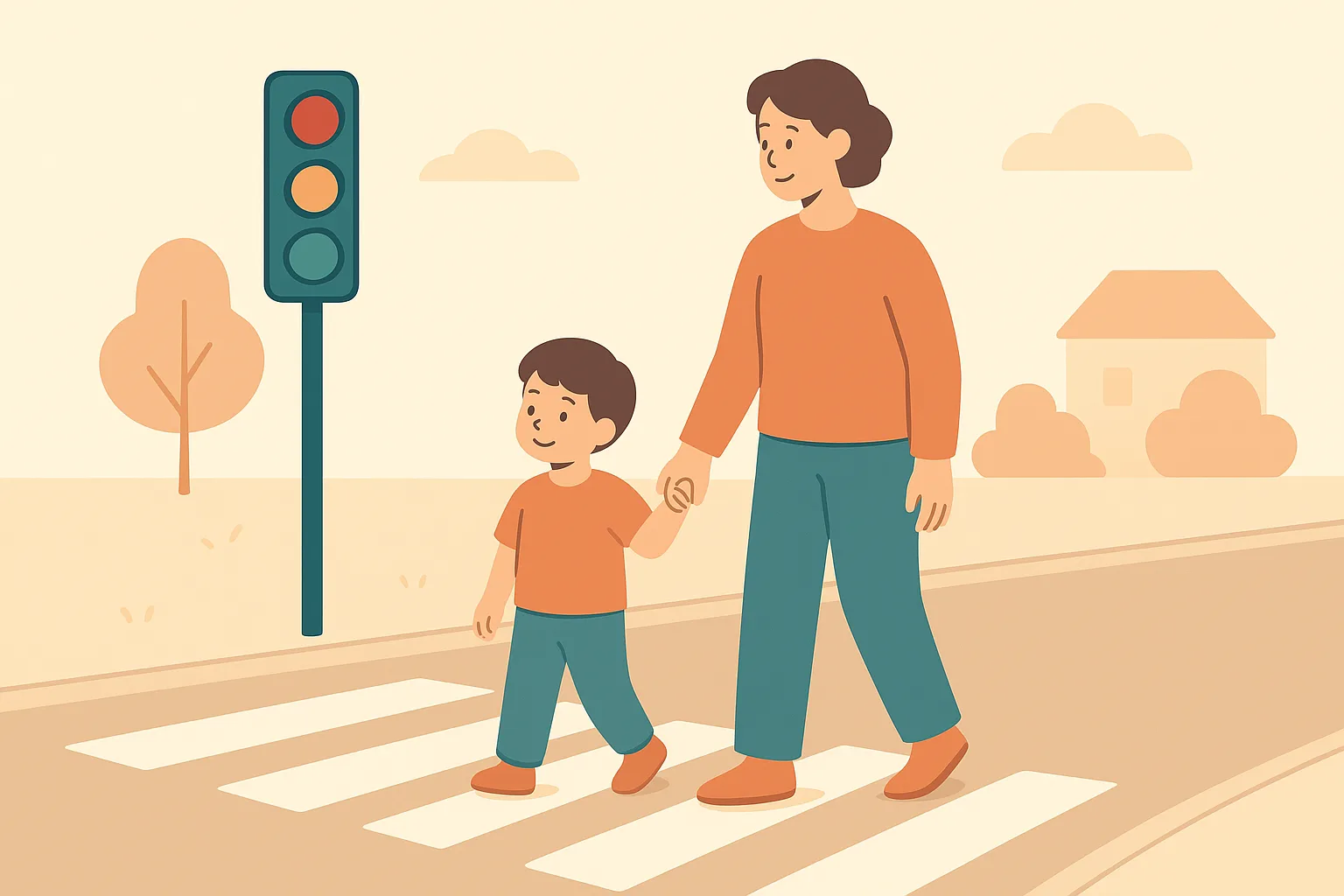 A parent and preschooler holding hands at a crosswalk, looking left before crossing