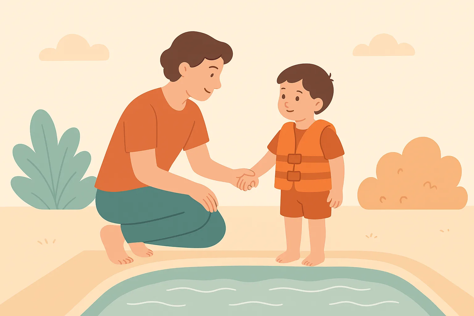 A parent holding hands with a preschooler in a life jacket beside a backyard pool