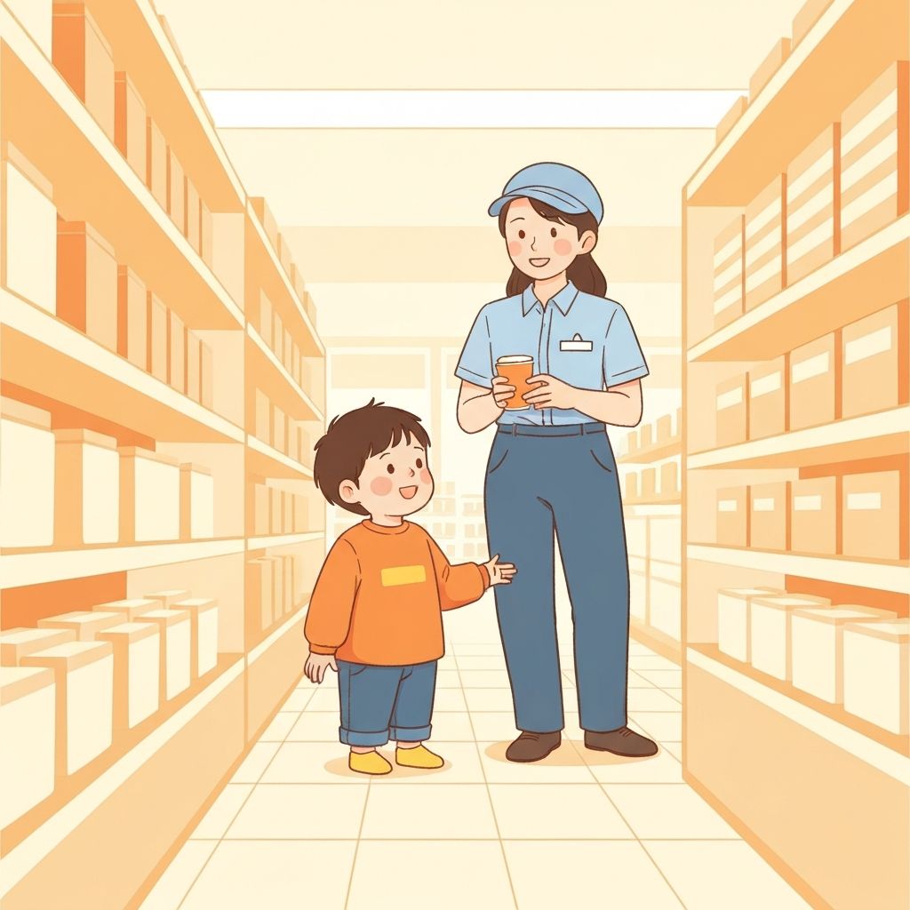 A child standing still in a shop aisle, waiting to be found