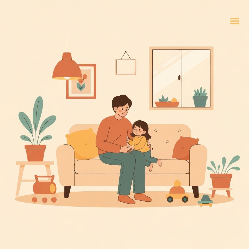 A parent talking with a young child at eye level